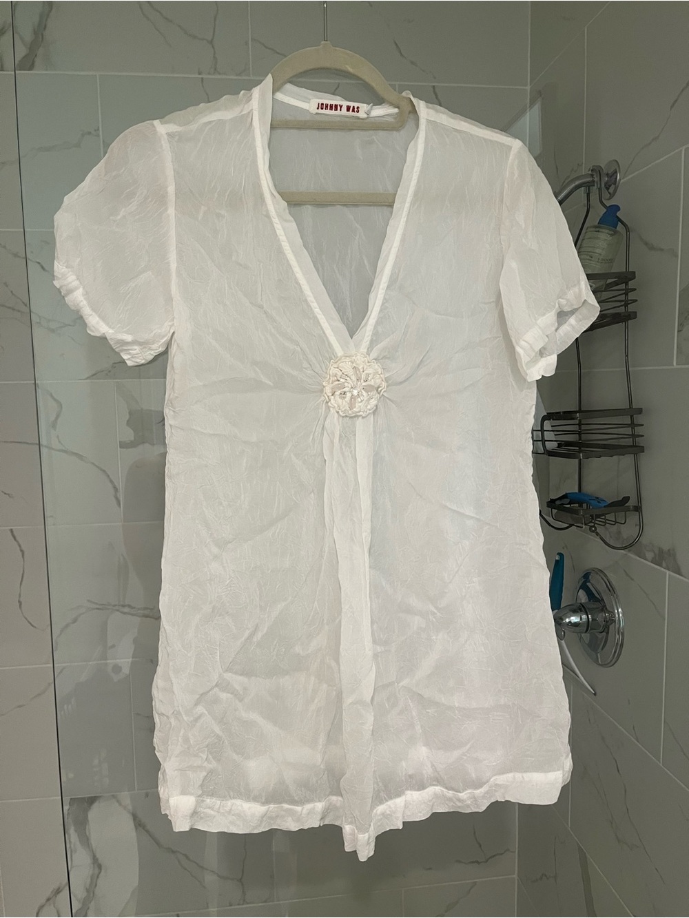 Johnny Was White Sheer V-Neck Tunic with Rosette